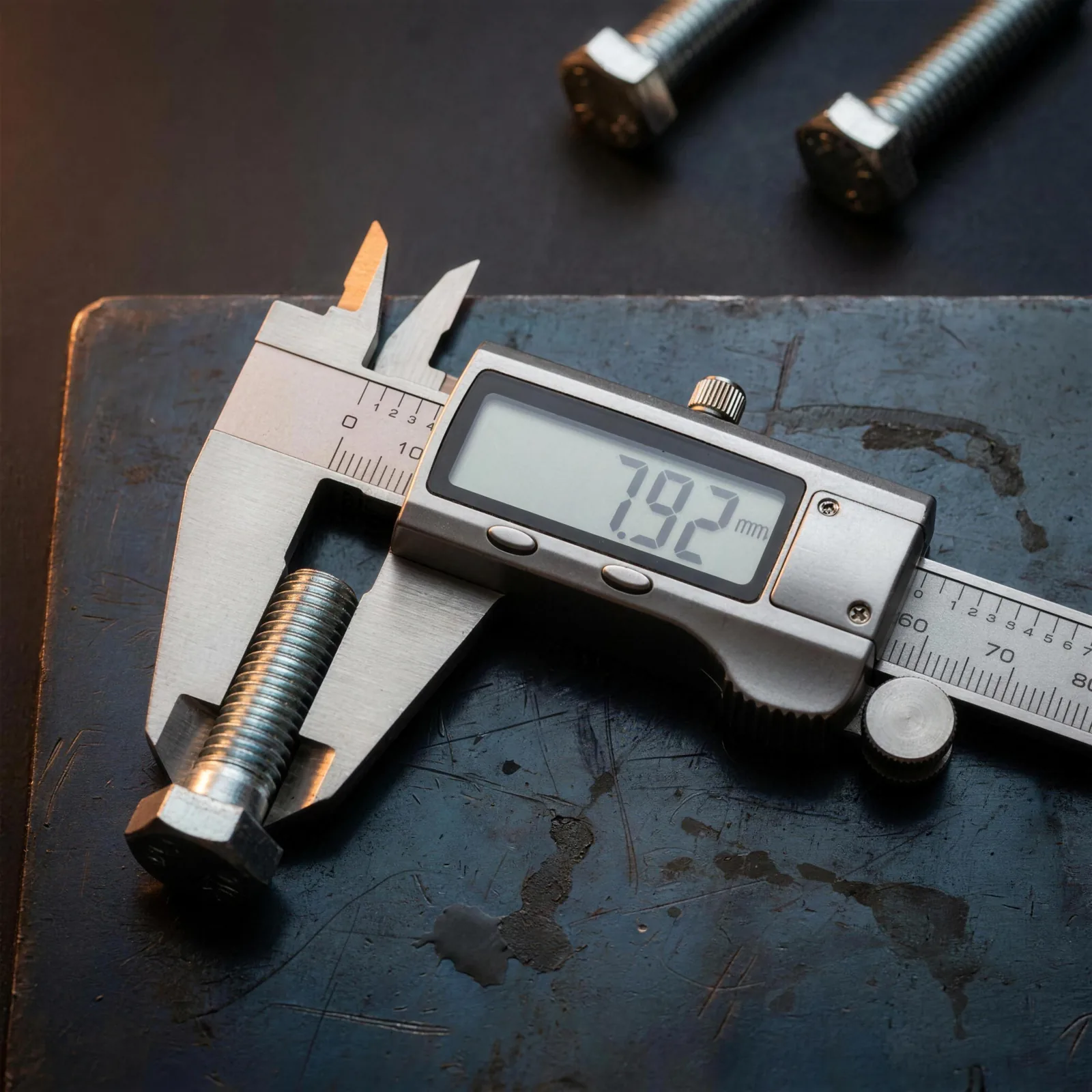 Digitaler Messschieber am Gewinde einer Sechskantschraube, Anzeige 7,92 mm